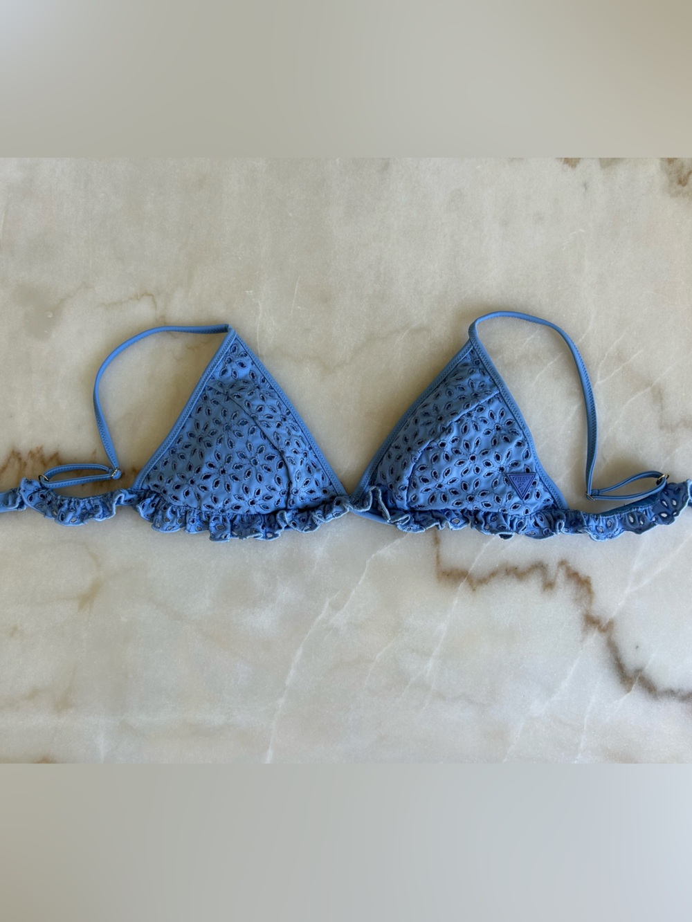 Guess Blue Eyelet Ruffle Triangle Swim Top